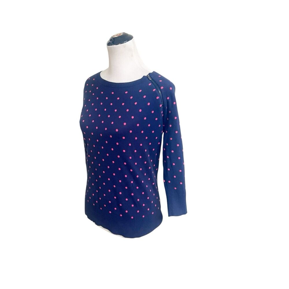 Liz Claiborne Women's Medium Petite MP Sweater Blue Pink Polka Dots Shoulder Zip - Picture 3 of 12